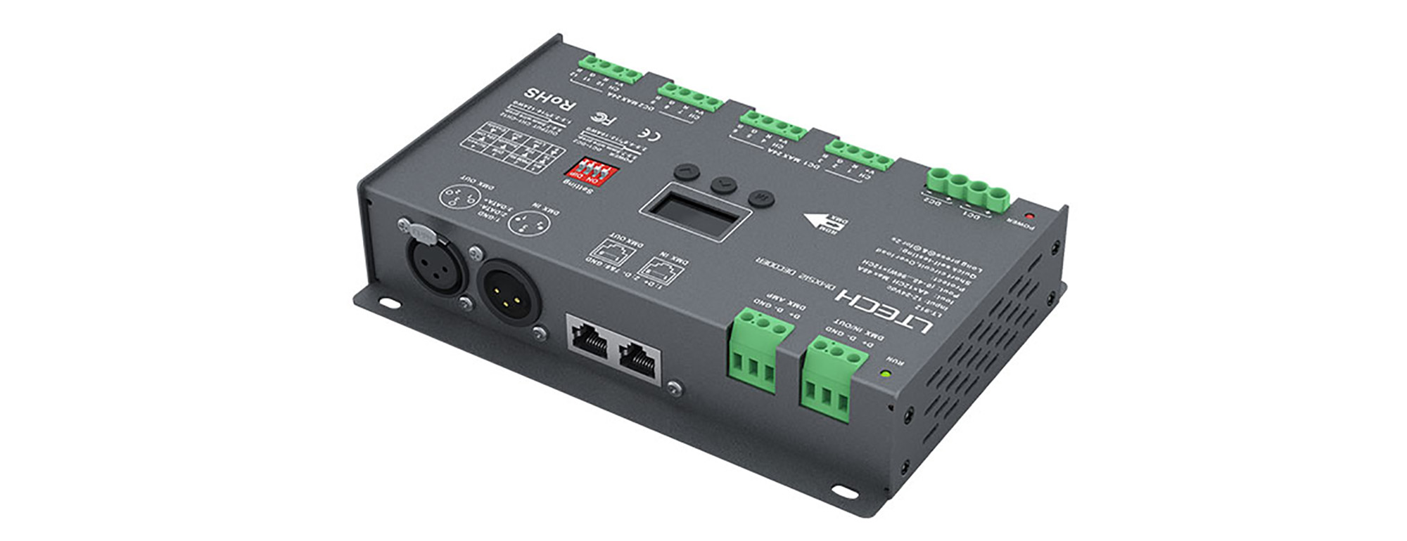 912  12Ch 4A CV DMX Decoder, 1152W Max.Power, XLR-3 , Green connector & RJ45 Port, Self testing, DMX512/RDM I/P signal, IP20.